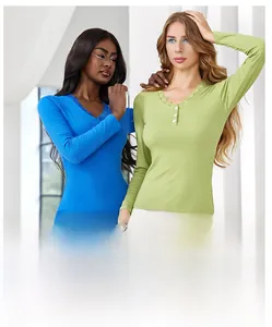 Close-up of V-neckline with lace trim and decorative buttons on ribbed knit long sleeve top