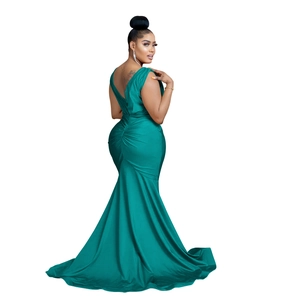 Detailed back view of dark green V-neck sleeveless mermaid evening dress with ruching