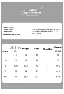 Size chart for women lace patchwork top with rayon spandex fabric measurements S to XXL
