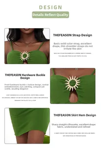 Detail of green dress featuring a golden sun buckle and elegant hollow-out design