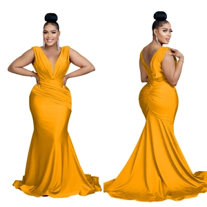 Front and back view of a ginger V-neck sleeveless satin evening gown with pleated waist