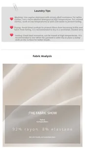 Close-up of 92% rayon and 8% elastane fabric texture with detailed washing instructions