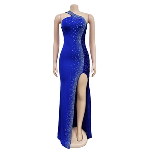 Detail of royal blue sequins and rhinestones on high-slit sleeveless maxi dress
