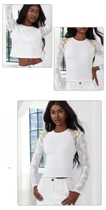 Detail of white slim-fit top featuring floral embroidery on lace sleeves and ribbed fabric