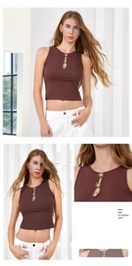 Detail of dark brown ribbed tank top featuring hollow-out neck and gold sun buttons