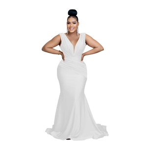 Close-up of elegant white V-neck fisheye dress with pleated waist and satin finish