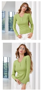 Detailed close-up of lace-trimmed V-neckline and button accents on green ribbed T-shirt