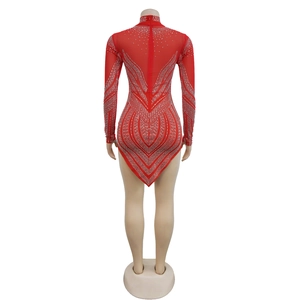 Detail of red bodysuit with silver rhinestones and long back zipper for stage wear