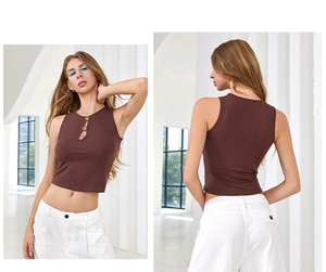 Detail of dark brown ribbed tank top with hollow-out neck and golden star buckles
