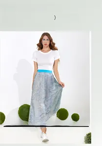 Detail of high-waist A-line mesh skirt with gold stamping and blue elastic waistband
