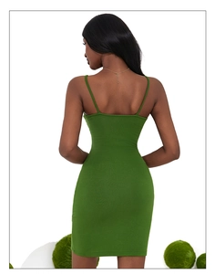 Detailed back view of a sexy dark green bodycon dress with thin straps and open back cutout