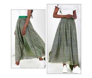 Detail of high waisted A-line maxi skirt with green metallic leopard print and elastic waistband