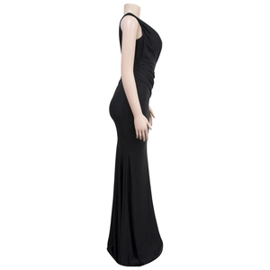 Close-up of elegant black sleeveless long dress with draped fish-tail hem design