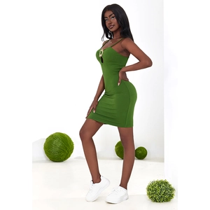 Women Sexy Hollow Out Bodycon Camisole Dress With Gold Sun Metal Decor Solid Green Spaghetti Strap Slim Mini Dress
