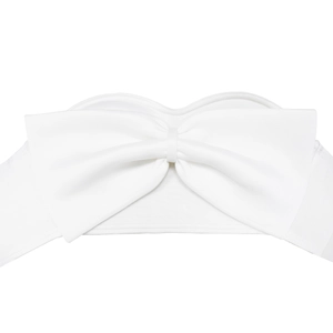Detail shot of the white strapless knit top featuring a large decorative front bow design