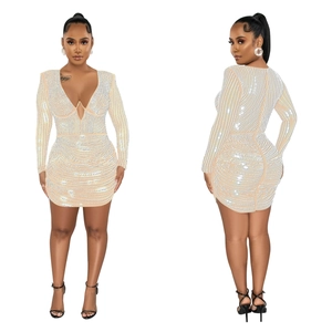Detailed view of nude mesh mini dress with sparkling silver rhinestones and deep V-neck