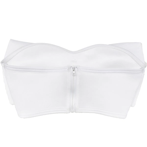 Detail of white strapless bustier top with heart-shaped neckline and center zipper closure