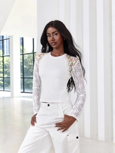 Elegant white slim fit long sleeve top with lace sleeves and floral applique embroidery
