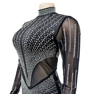Dettaglio di un vestito in rete trasparente con strass argentati e maniche lunghe