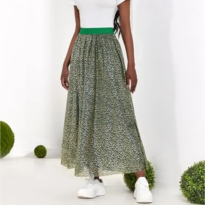 Women High Waist Leopard Print A-Line Maxi Skirt Green Elastic Waistband Elegant Metallic Animal Pattern Midi Skirt Vacation