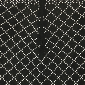 Detail of black sheer mesh fabric with sparkling rhinestone diamond grid pattern