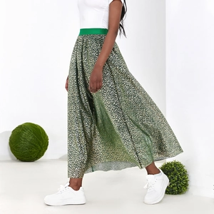 Women's high waist leopard print A-line skirt with green metallic sheen and elastic waistband