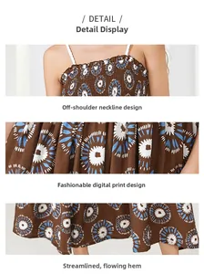 Detailed views of the off-the-shoulder neckline, digital print, and streamlined hemline