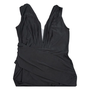 Detailed view of the black V-neck sleeveless dress with elegant ruched fabric textures