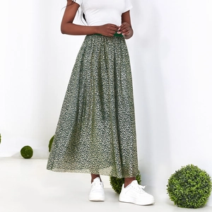 High waist pleated midi skirt in dark green with golden leopard print for casual wear