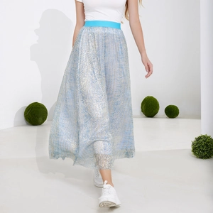 Women High Waist Metallic Bronzing Mesh A-Line Midi Skirt Elegant French Pleated Vacation Skirt For Party