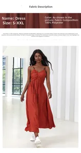 Dettaglio dell'abito lungo rosso ruggine che mostra il tessuto 100% poliestere e lo scollo a V