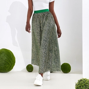Women's high waist A-line maxi skirt featuring green gold leopard print and elastic waist