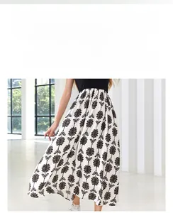 Detail of high-waist floral print dress featuring elegant splicing and flowy fabric
