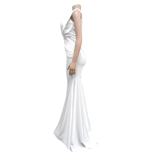 Detail view of the sleek white sleeveless fishtail dress with smooth satin texture