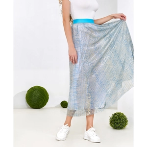 Metallic blue pleated A-line skirt with high waist and shimmering gold accents