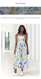 Detail of leaf print summer dress with thin straps and ruffled chest in white polyester