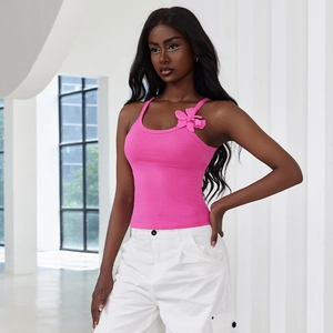 Women Sexy Slim Fit Ribbed Tank Top With 3D Flower Decoration Summer Sleeveless Solid Color Cami Top Streetwear Fashion