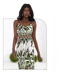 Detail of summer slip dress with green leaf floral print and colorful beaded straps