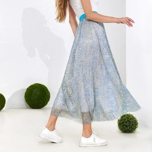 Elegant high waist pleated midi skirt with gold metallic shimmer in light blue