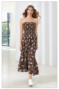 Detail of bohemian floral print maxi dress with smocked bodice and open back design