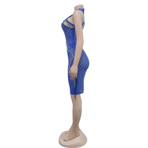 Detail of royal blue mesh dress featuring silver rhinestones and long fringe accents