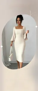 Detail of square neckline and flared sleeves on an elegant apricot midi party dress