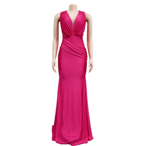 Detail of elegant deep rose red sleeveless maxi dress with V-neck and ruched waist design