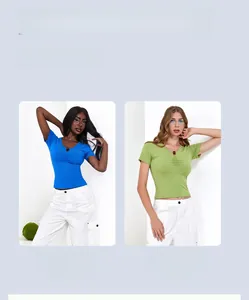 Close-up of slim-fit V-neck short-sleeve crop top showing textured knit fabric detail