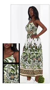 Detailed close-up of beaded shoulder straps and floral print on white summer dress