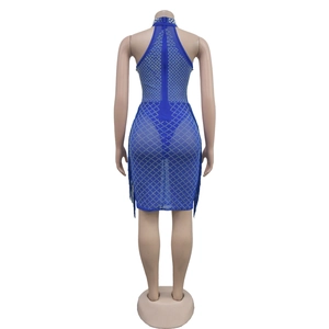 Detail of royal blue mesh dress featuring rhinestone diamond patterns and tassel fringe