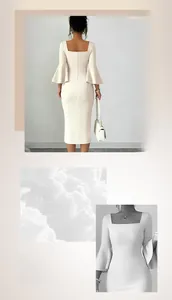 Close-up of elegant apricot square neck dress with bell sleeves and high waist detail