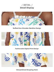Detail of digital print dress featuring floral ruffles and a flowy hemline texture