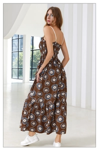 Detail of smocked bodice and backless design on floral maxi dress with sunflower print