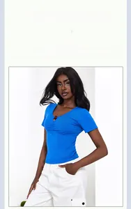 Close-up of royal blue slim fit V-neck T-shirt with ruched detail and decorative bead